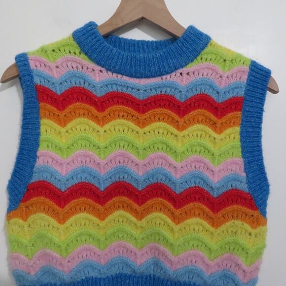 Zara Womens Sz S Rainbow Crochet Scalloped Vest Wool Alpaca Blend Sleeveless - Picture 3 of 5